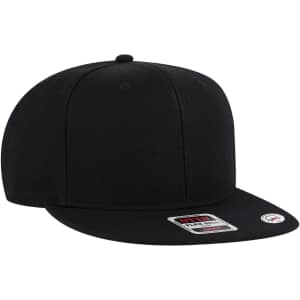 A black 6 panel mid profile snapback cap featuring a flat brim and a branding logo on the side.