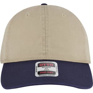 A beige and navy 6 panel low profile dad cap with a logo on the front.