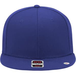 A blue 6 panel mid profile snapback cap with a flat brim and a logo on the side.
