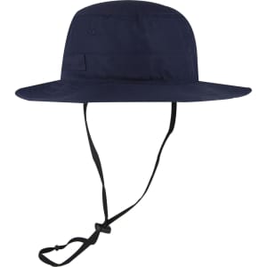 A navy polyester pongee boonie hat with a wide brim and adjustable chin strap, featuring a logo.