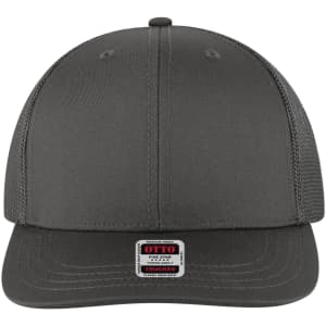 A grey 6-panel mid-profile trucker cap featuring a brand logo on the front and a solid fabric design.