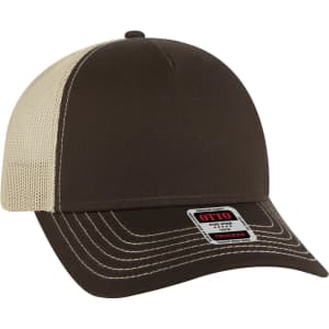 A brown and beige 5 Panel Low Profile Trucker Cap with a mesh back and a woven label.