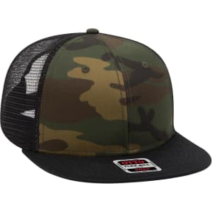 A camouflaged green and black trucker cap with a mesh back and a flat brim, featuring a logo.