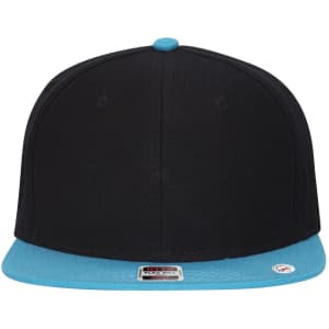A black snapback cap with a blue visor and an interior grey undervisor, featuring a logo.