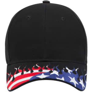 A black six-panel low profile baseball cap with a flame-patterned brim featuring red, white, and blue colours.