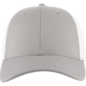 A grey trucker cap with a low profile design and a white mesh back. It features a logo on the front.