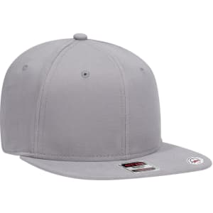 A grey 6 panel mid-profile snapback cap featuring a flat brim and a logo.