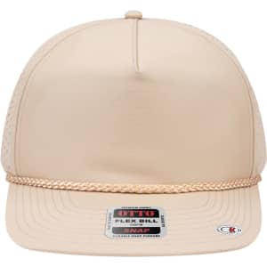 A beige 5 Panel Pro Style Snapback Hat with a textured finish and a braided band, featuring a logo.
