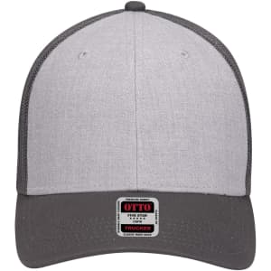 A grey 6-panel low profile trucker cap with a mesh back and a logo on the front.
