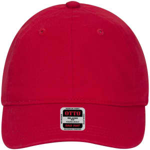 A red six-panel low profile dad cap featuring a logo and a relaxed fit design.