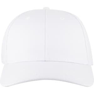 A white low-profile baseball cap with six panels and a logo on the front.