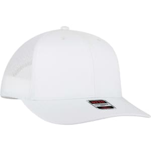 A white mid profile trucker cap featuring a mesh back and a branded label on the front.