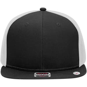 A black mid-profile trucker cap with a grey undervisor and mesh panels. It features a logo on the front.