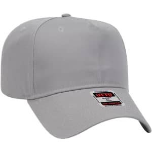 A grey 5 panel mid crown baseball cap with a curved brim and a branded label on the side.