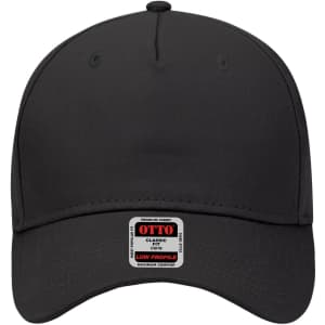A black 5 panel low profile baseball cap with a logo tag on the front.