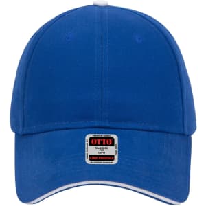 A blue 6 panel low profile baseball cap with a logo on the front. Features contrasting stitching.