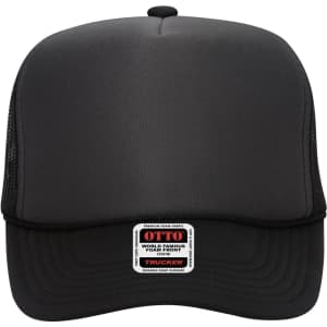 A black 5 Panel High Crown Trucker Cap with a mesh back and a branded label on the front.