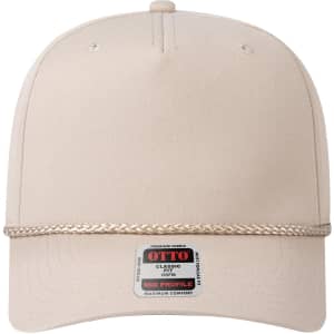 A beige 5 panel mid profile baseball cap with a braided band and a logo patch on the front.