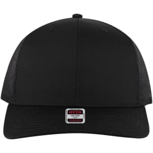 A black 6 panel mid profile trucker cap with mesh sides and a front logo.