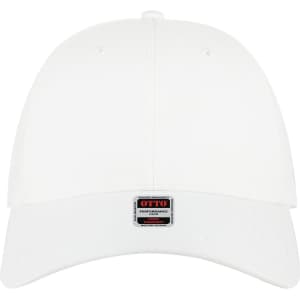 A white 6 panel low profile baseball cap with a brand logo on the front.