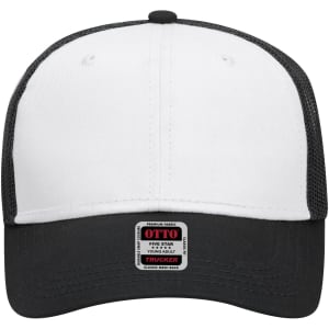 A low profile trucker cap in white and black, featuring mesh sides and a branded tag on the front.