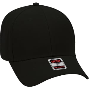 A black six-panel low profile baseball cap with a logo on the front and a curved visor.