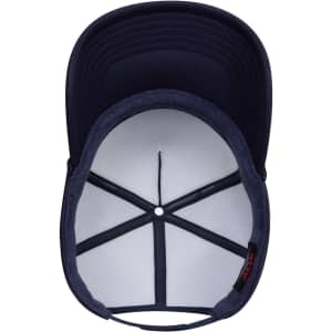 A navy blue 5 Panel High Crown Full Foam Cap with a fitted interior and a branding logo.