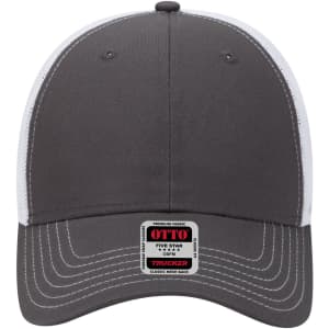A grey and white 6 panel low profile trucker cap featuring a mesh back and a logo on the front.
