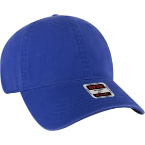 A blue 6 panel low profile style dad cap featuring a logo on the front. Ideal for casual wear.