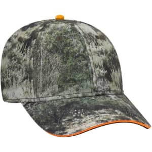 A camo patterned 6 panel low profile baseball cap with an orange accent on the brim and branding on the side.