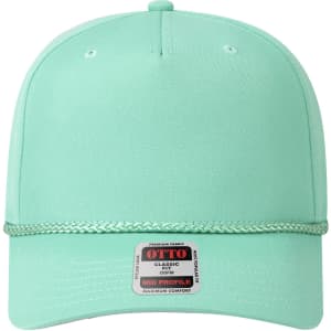 A mint green 5-panel mid profile baseball cap with a braided trim and a logo on the front.