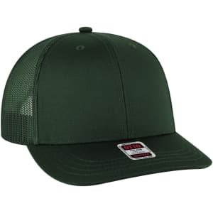A dark green 6 panel mid profile trucker cap with a mesh back and a label on the front.
