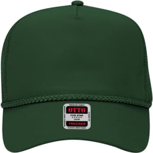 A dark green 5 Panel Mid Profile Trucker Cap with a front label and mesh back.