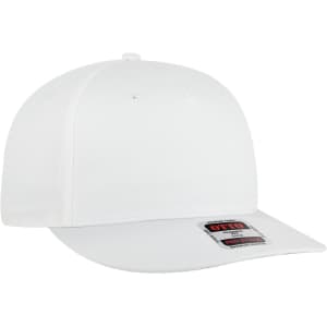 A white 5 panel pro style snapback hat with a flat brim and a logo on the side.