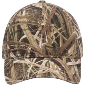 A camouflage baseball cap in earthy tones, featuring a low profile design and a logo on the front.
