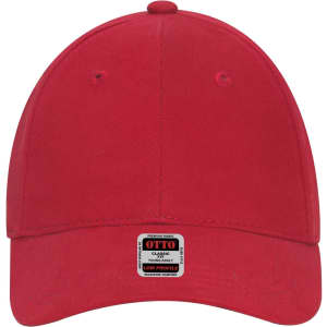 A red 6 panel low profile baseball cap for youth with a branded label on the front.