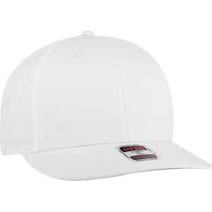A white 6 panel pro style snapback hat with a structured design and a logo on the front.