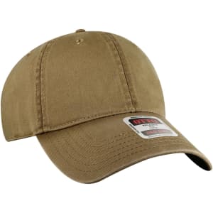 A khaki low profile dad cap with a curved brim and a logo. It features six panels for a classic look.