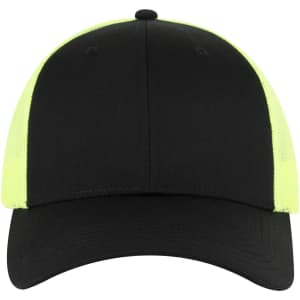 A 6-panel low-profile trucker cap in black with bright yellow mesh panels and a visible logo.