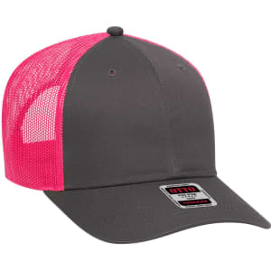 A grey low profile trucker cap with a bright pink mesh back and a logo on the front.