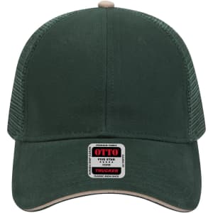 A green 6 panel low profile trucker cap with a beige brim and a label on the front.