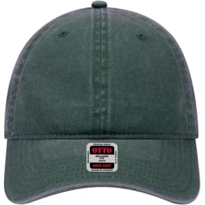 A green 6-panel low profile dad cap with a logo on the front and a relaxed fit design.