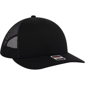 A black mid-profile trucker cap featuring a mesh back and a small logo on the side.