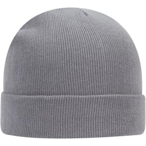 A grey knit beanie with a folded cuff and a subtle logo detail.