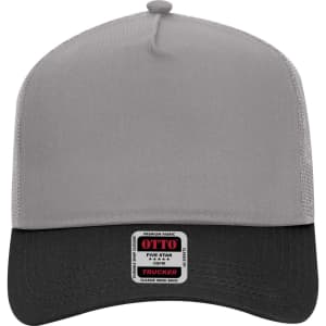 A grey and black 5 Panel Mid Profile Trucker Cap featuring a mesh back and a logo on the front.