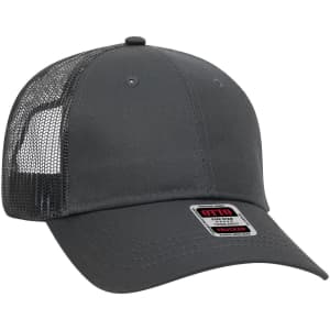 A grey 6 panel low profile trucker cap with mesh panels and a logo. Suitable for youth wear.