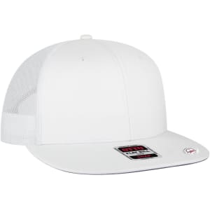 A white trucker cap with a solid front and mesh back, featuring a logo on the front panel.