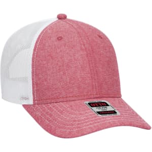 A pink and white 6 panel low profile trucker cap with mesh sides and a branded label on the front.