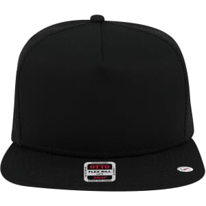 A black 5 Panel Mid Profile Trucker Cap featuring a curved bill and a logo on the front.