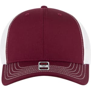 A maroon trucker cap with a white mesh back and a stitched visor, featuring a logo on the front.